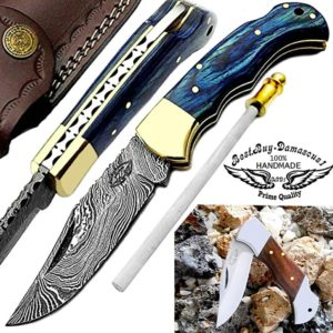 Blue Wood 6.5 Inch Custom Handmade Damascus Steel Brass Bloster Black Lock Folding Pocket Knife Sharpening Rod
