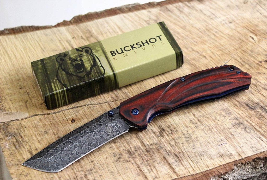 Buckshot Knives PBK220 Thumb Open Spring Assisted Tanto Cleaver Classic Wood Handle Pocket Knives