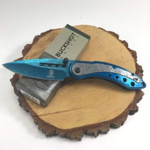 Buckshot Knives Thumb Open Spring Assisted Color Damascus Etched Stainless Steel Handle W, Damascus Etched Blade Pocket Knife