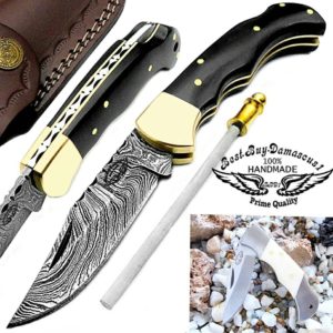 Buffalo Horn 6.5 Inch Custom Handmade Damascus Steel Brass Bolster Back Lock Folding Pocket Knife