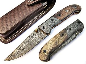 Rocky Pocket Knife Damascus Steel Blade Bone Handle