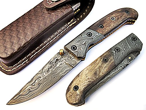 Rocky Pocket Knife Damascus Steel Blade Bone Handle