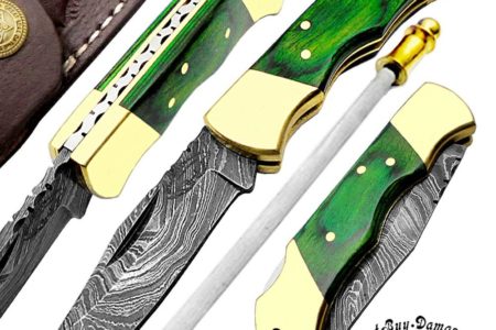 Green Wood 5.5 inch Custom Handmade Damascus Steel Folding Pockets Knife