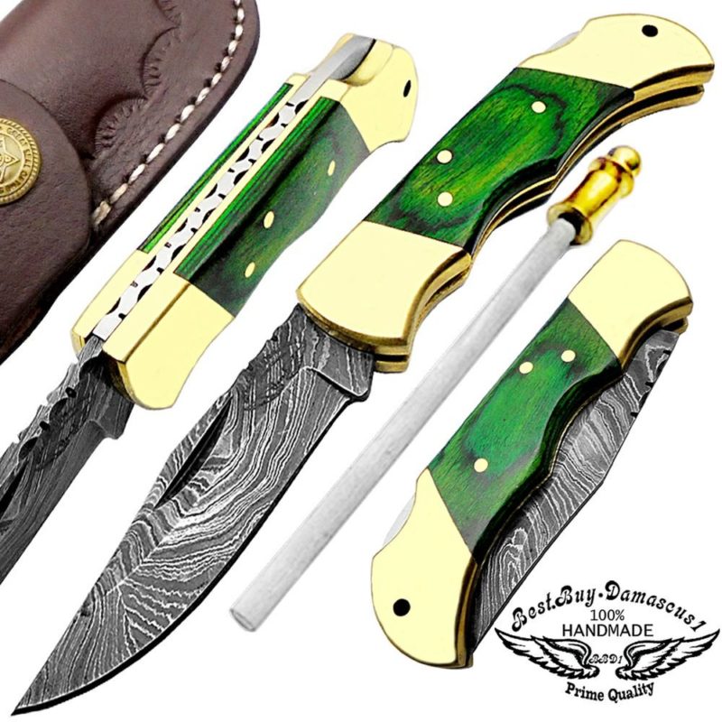 Green Wood 5.5 inch Custom Handmade Damascus Steel Folding Pockets Knife