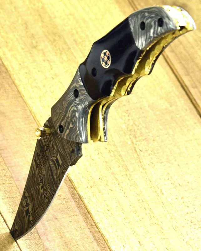 SHOKUNIN USA Pocket Knife 7.25-Inch Buffalo Horn Damascus Steel Knife