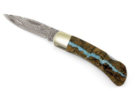 Santa Fe Stone works Vein Turquoise Damascus 3-inch Lockback Pocket Knife