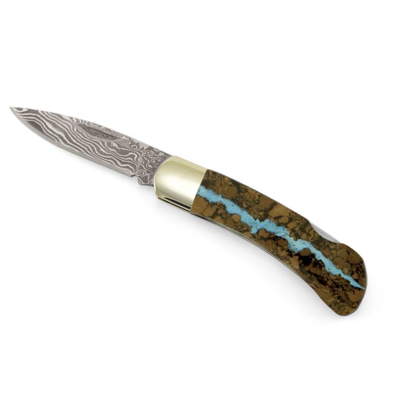 Santa Fe Stone works Vein Turquoise Damascus 3-inch Lockback Pocket Knife