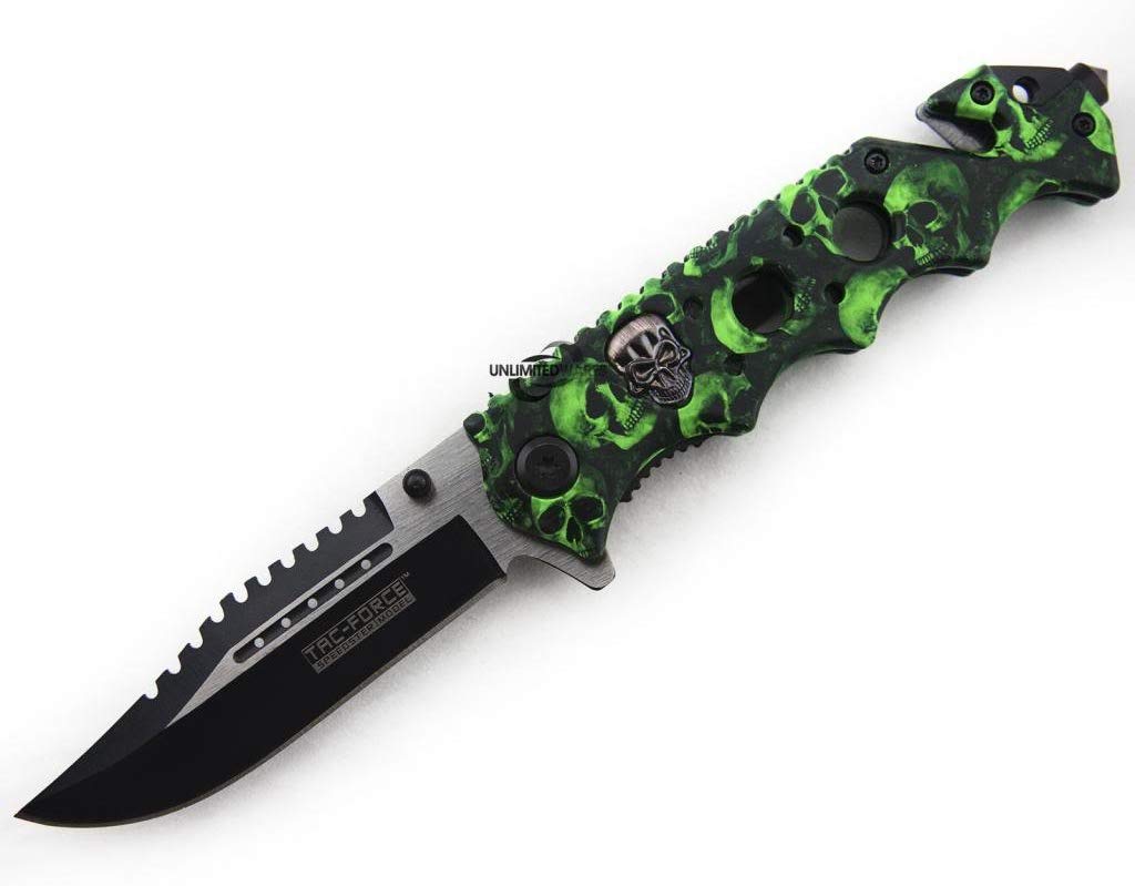 Unlimited Wares Green Zombie Skulls Assisted Opening Folding Knife
