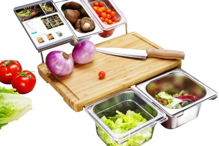 Extensible Bamboo Cutting Board Set with 4 Containers for Kitchen with Juice Groove