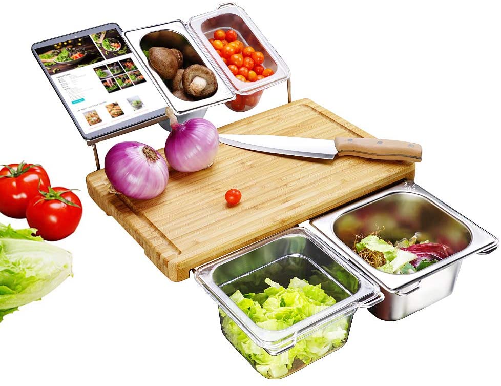 Extensible Bamboo Cutting Board Set with 4 Containers for Kitchen with Juice Groove