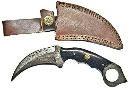 Titan International Knives Damascus Steel with Black Canvas Micarta Scales Double Edge Karambit Knife