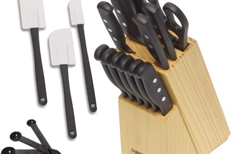 Farberware 22-Piece Never Needs Sharpening Triple Rivet High-Carbon Stainless Steel Knife Block and Kitchen Tool Set, Black