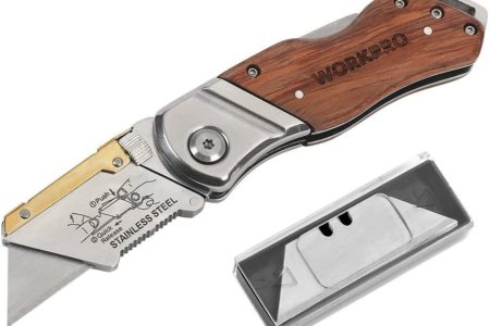 WORKPRO Folding Utility Knife Wood Handle Heavy Duty Cutter with Extra 10-piece Blade