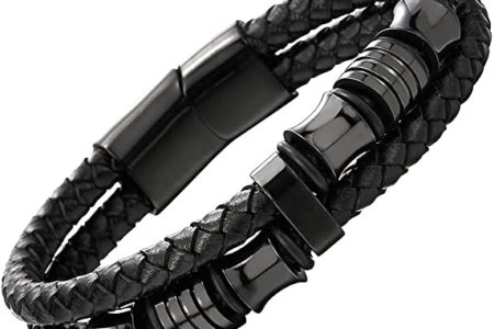 COOLSTEELANDBEYOND Mens Double-Row Black Braided Leather Bracelet