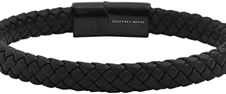 Geoffrey Beene Men's Braided Genuine Leather Bracelet with Stainless Steel Magnetic Closure
