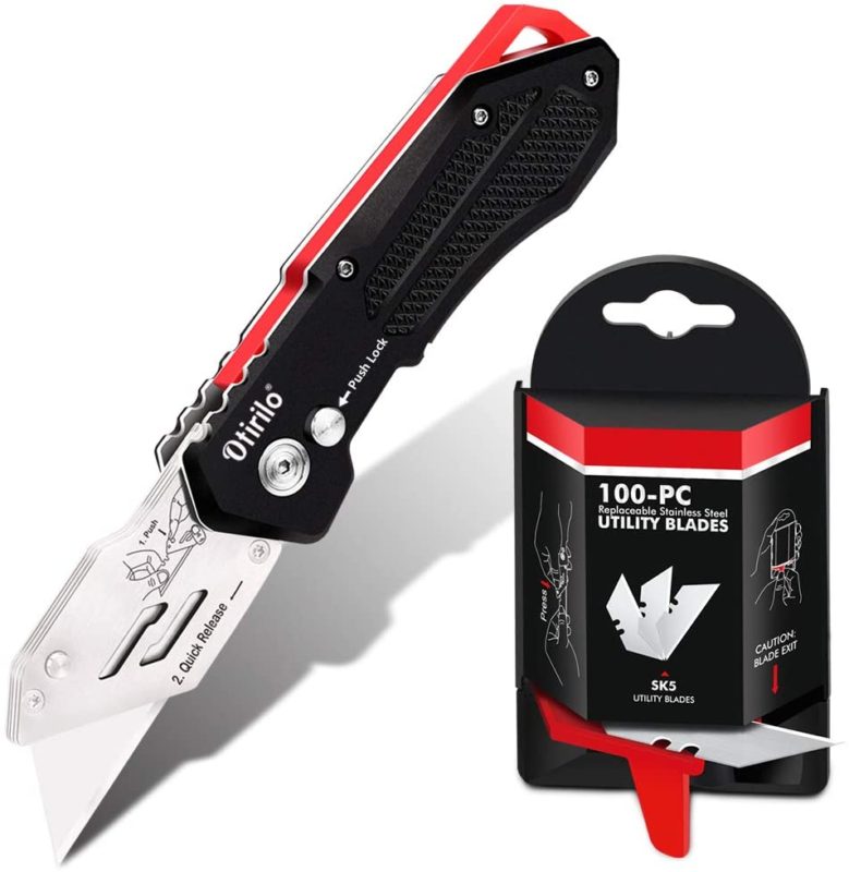 Folding Utility Knife with SK5 Blades 100Pack, Heavy Duty Box Cutters Carpet Knife